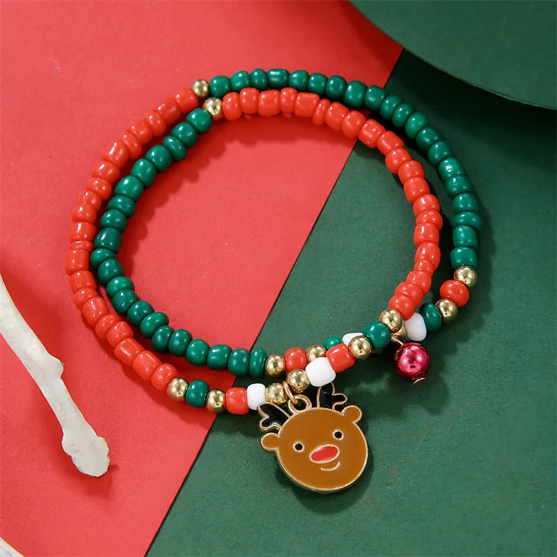 Handmade Rice Beads Christmas Bracelet for Women Santa Claus Snowman Xmas Tree Elk Pendant Bracelets New Year Party Jewelry Gift