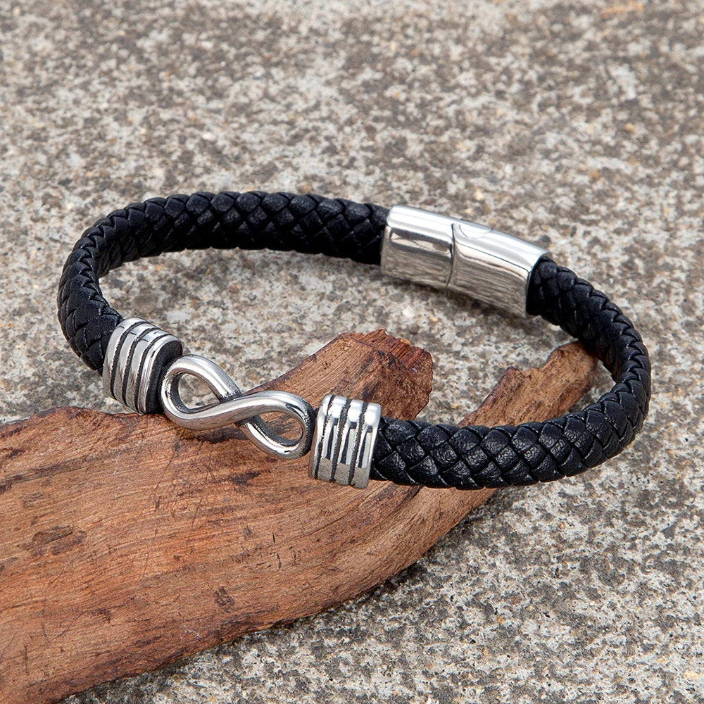 MKENDN Klassisches Herren-Armband mit quadratischem Knoten und Unendlichkeitsmotiv, 8 mm breit, geflochtenes Lederarmband (316L), Magnetverschluss, Schmuckgeschenk
