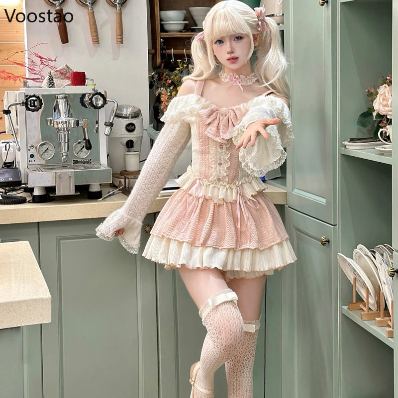Sweet Lolita Style Skirt Sets Women Kawaii Bow Lace Ruffles Long Sleeve Off Shoulder Tops Y2k Cake Skirt Suit Pink 2 Piece Set