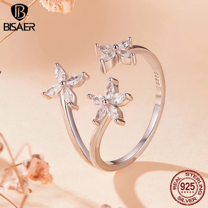 BISAER 925 Sterling SilverAutumn Leaves Open Ring Sparkling Leaf Zircon Band Plated White Gold for Women Party Fine Jewelry Gift