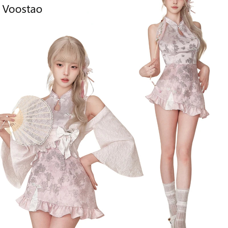 Neues Lolita-Kleiderset im chinesischen Stil für Damen: Elegantes kurzes Cardigan-Top mit Rüschen, schicker Cheongsam-Kleid-Anzug im Y2K-Stil
