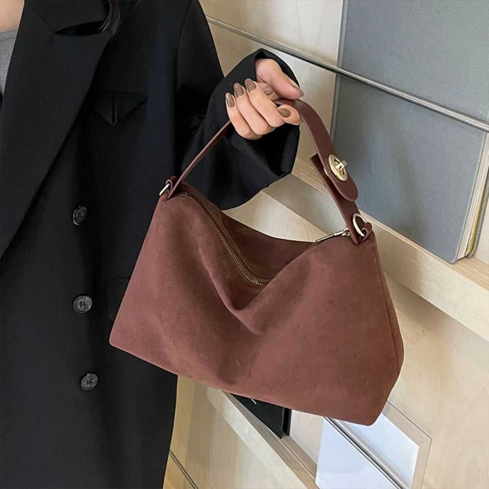 Fashion Autumn Winter Big Boston Tote Soft Matte Suede Cow Leather Women's Handbag Shoulder Crossbody Bag For Women Grey Brown - Madeinsea©