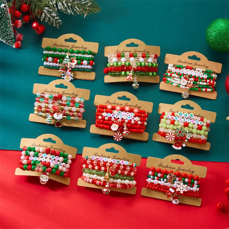 Merry Christmas Tree Santa Claus Snowman Bracelet For Women Xmas Snowflake Crystal Beads Polymer Clay Bangle New Year Jewelry