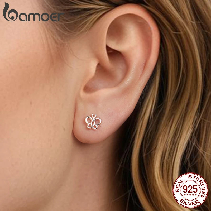 BAMOER Solid 925 Sterling Silver Butterfly Stud Earrings for Women Teens Hypoallergenic Small Animal Dainty Stud Earrings