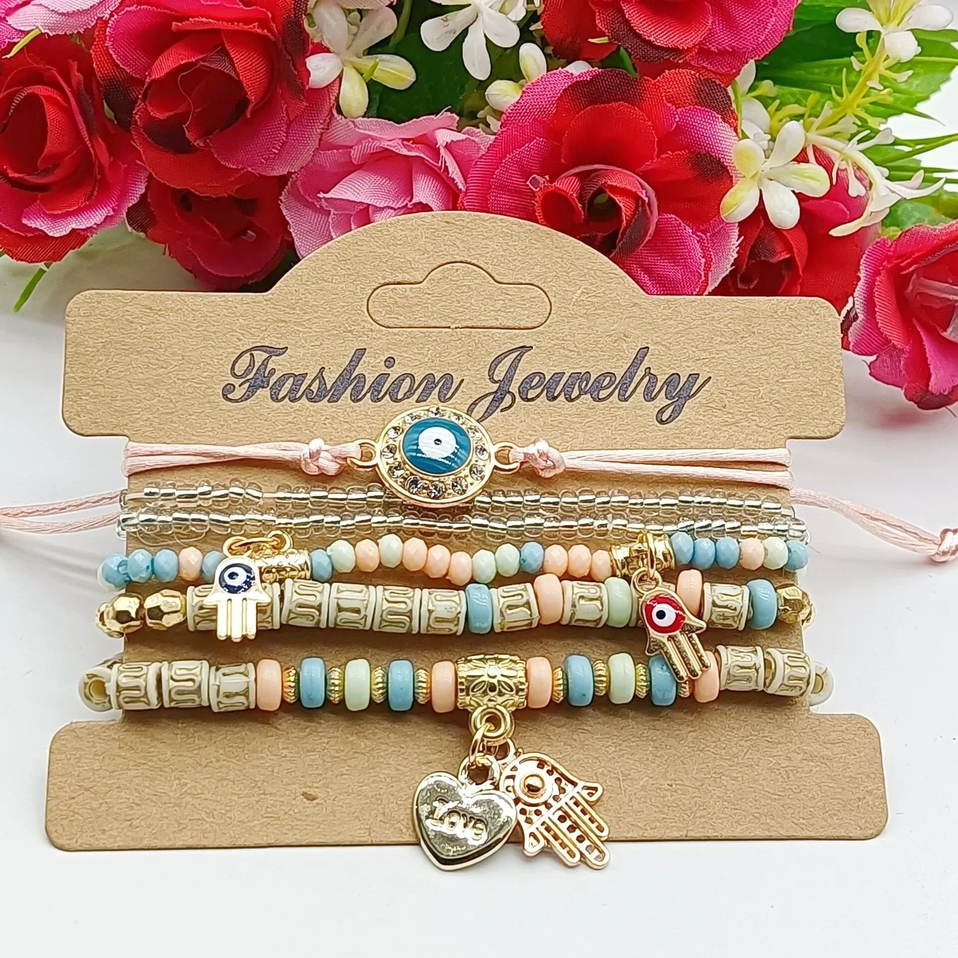 6Pcs Fatima Hand Evil Eye Bracelet Set For Women Heart Charm Beads Rope Chain Bangle Female Bohemian Handmade Jewelry