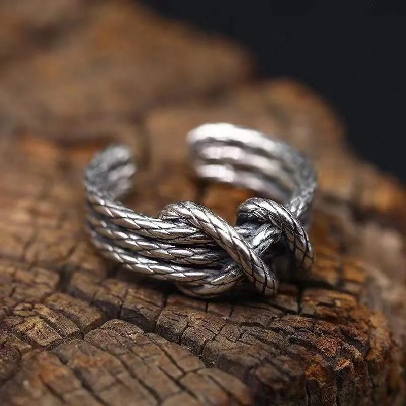 Retro Woven Rope Ring For Men Silver Color Punk Gothic Adjustable Open Ring Handmade Rock Biker Accessories Man Jewelry Gift
