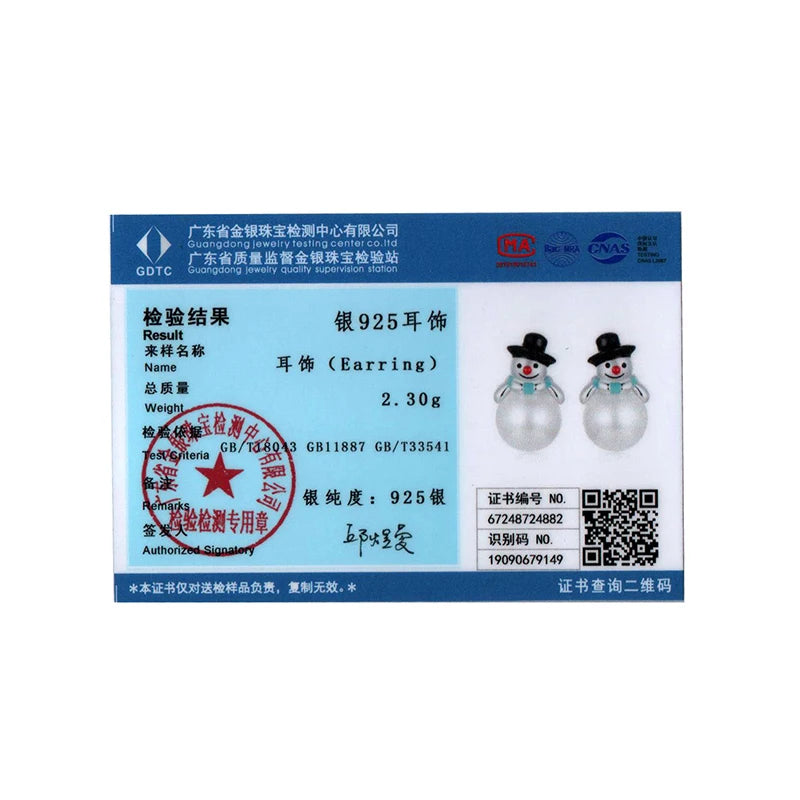 Boucles d'oreilles à tige en argent sterling 925 BISAER en forme de bonhomme de neige avec perles et émail plaqué or blanc pour femme, bijoux fins, cadeau de vacances