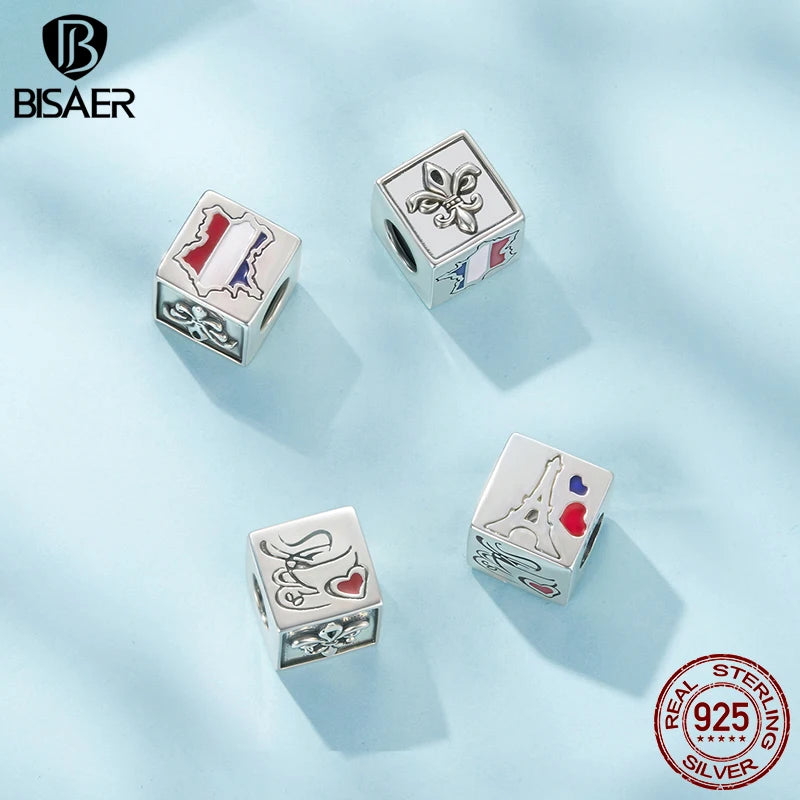 BISAER 925 Sterling Silver Souvenir Charm Italy American Poland France Memorial Symbol Bead for DIY Bracelet Fine Jewelry Gift