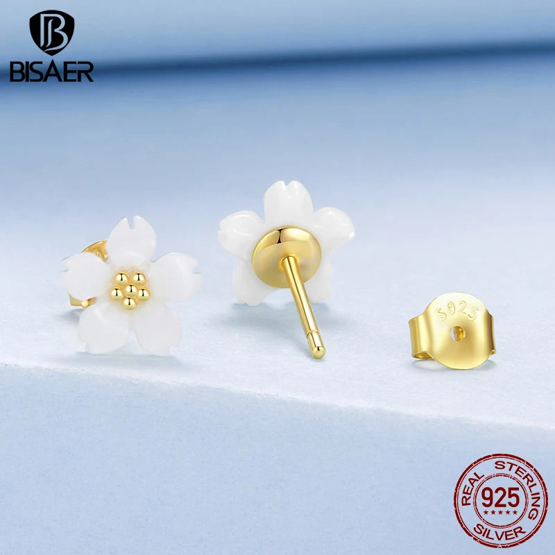 BISAER 925 Sterling Silver Sakura White Shell Stud Earrings White Cherry Blossoms Stud Ear for Women Girls Party Fine Jewelry