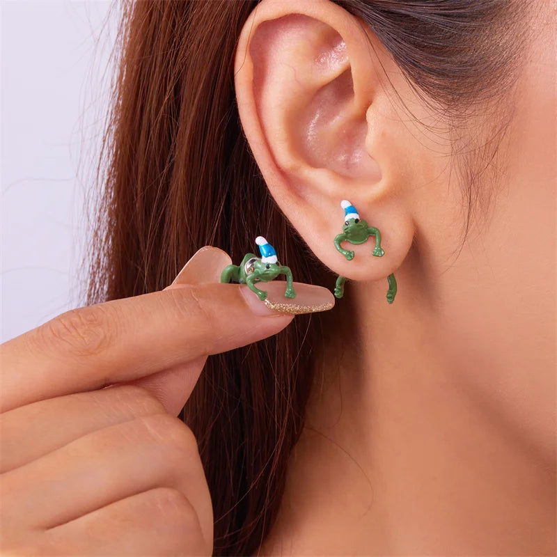 Creative Cute Animal Green Frog Toad Earrings For Women Funny Frog Wear A Santa Hat Piercing Earring Christmas Party Jewelry