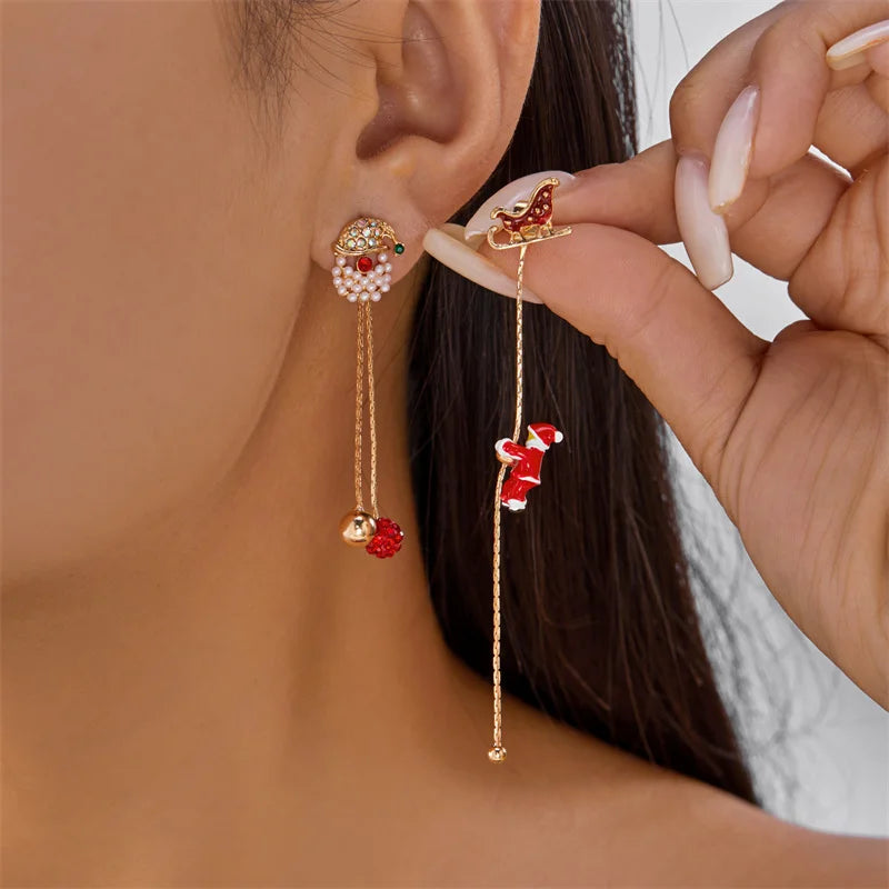 Creative Asymmetric Christmas Tree Snowman Snowflake Drop Earring for Women Moving Santa Claus Long Tassel Earring Party Jewelry