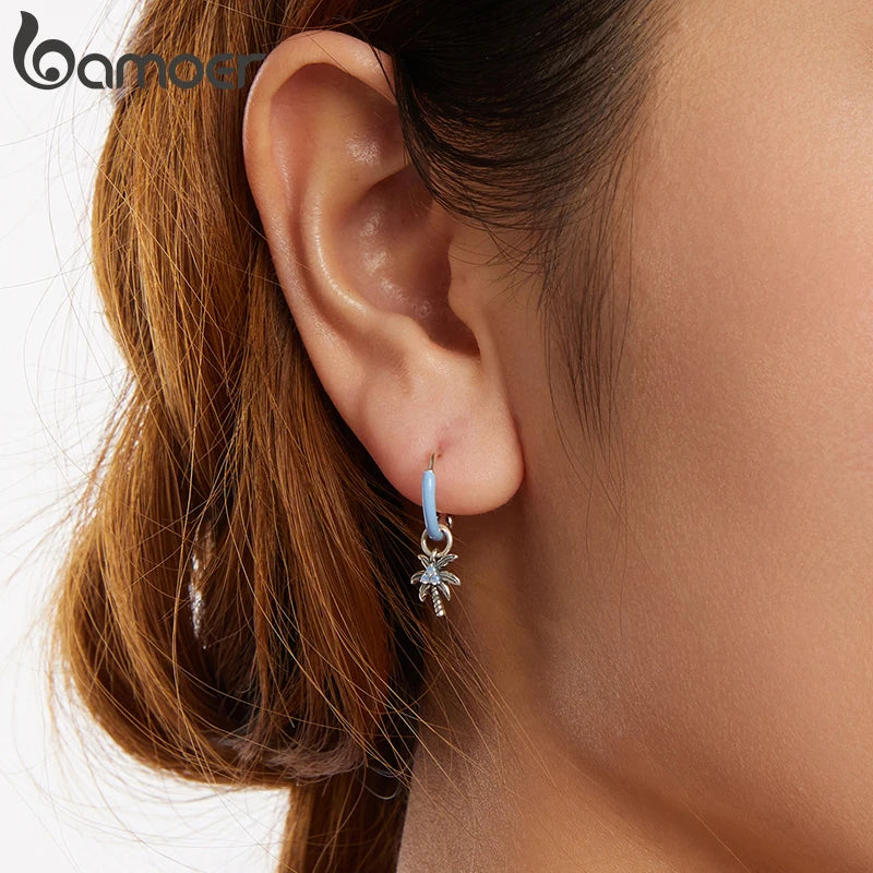 BAMOER 925 Sterling Silver Coconut Palm Tree Dangle Earring Summer Holiday Gift Beach Theme Jewelry Earrings for Women SCE1876
