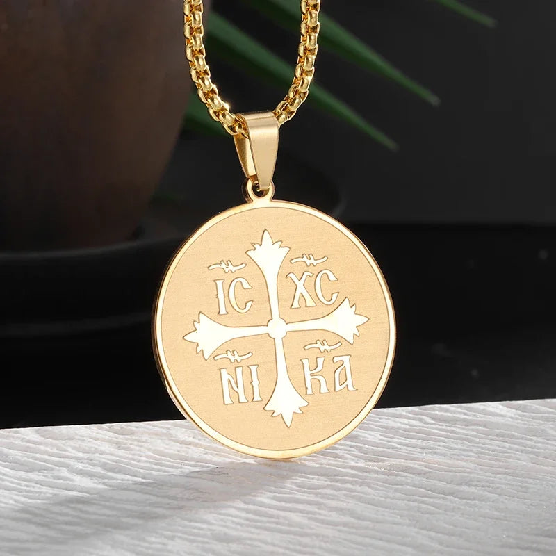 Stainless Steel Cross Coin Medal Pendant Necklace for Men Women Fashion Lucky Amulet Jewelry Gift