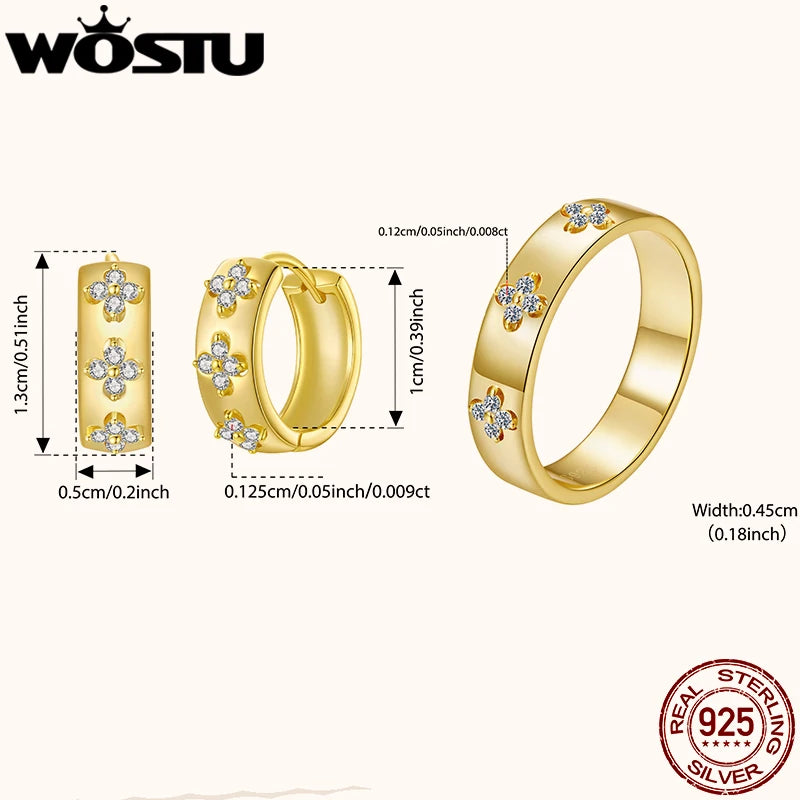 WOSTU Moissanite Clover Hoop Earrings Engagement Ring for Women, 925 Sterling Silver Gold Clover Jewelry Set Xmas New Year Gift