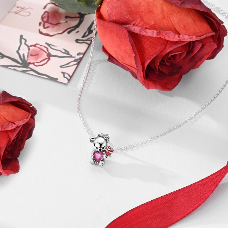 Necklaces 925 Silver Color Butterfly Cute Bear Lucky Symbol Zircon Heart Shaped Necklaces For Woman Valentine's Day Fine Jewelry