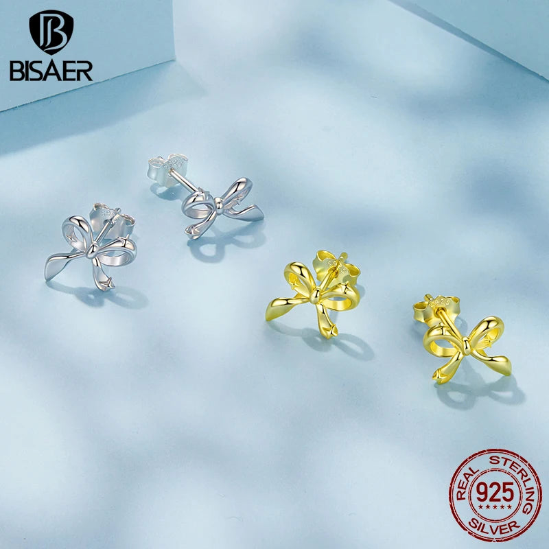 BISAER Solid 925 Sterling Silver Bow Stud Earrings Bowknot Hypoallergenic Stud Ear Plated Gold for Romantic Women Fine Jewelry