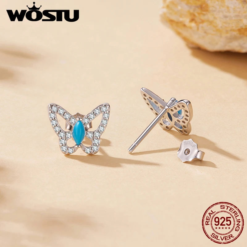 WOSTU 925 Sterling Silver Turquoise and CZ Butterfly Stud Earrings For Women, Nature Theme Insects Dangle Earrings for Women