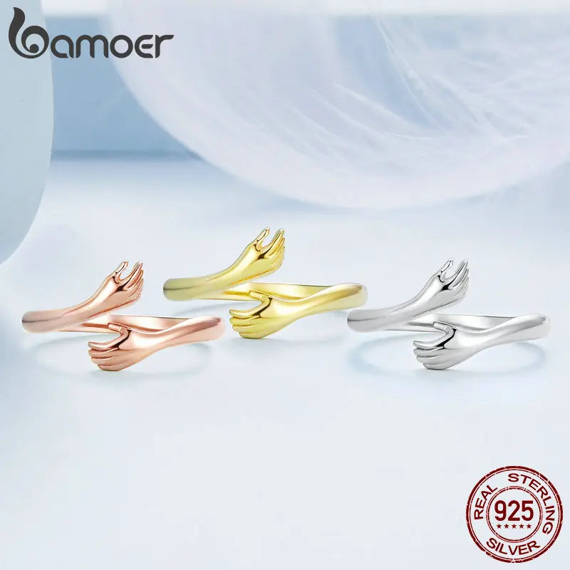 BAMOER 925 Sterling Silber Umarmung Wärme und Liebe Hand verstellbarer Ring für Frauen Partyschmuck, Sein großer liebevoller Umarmungsring 3 Farben