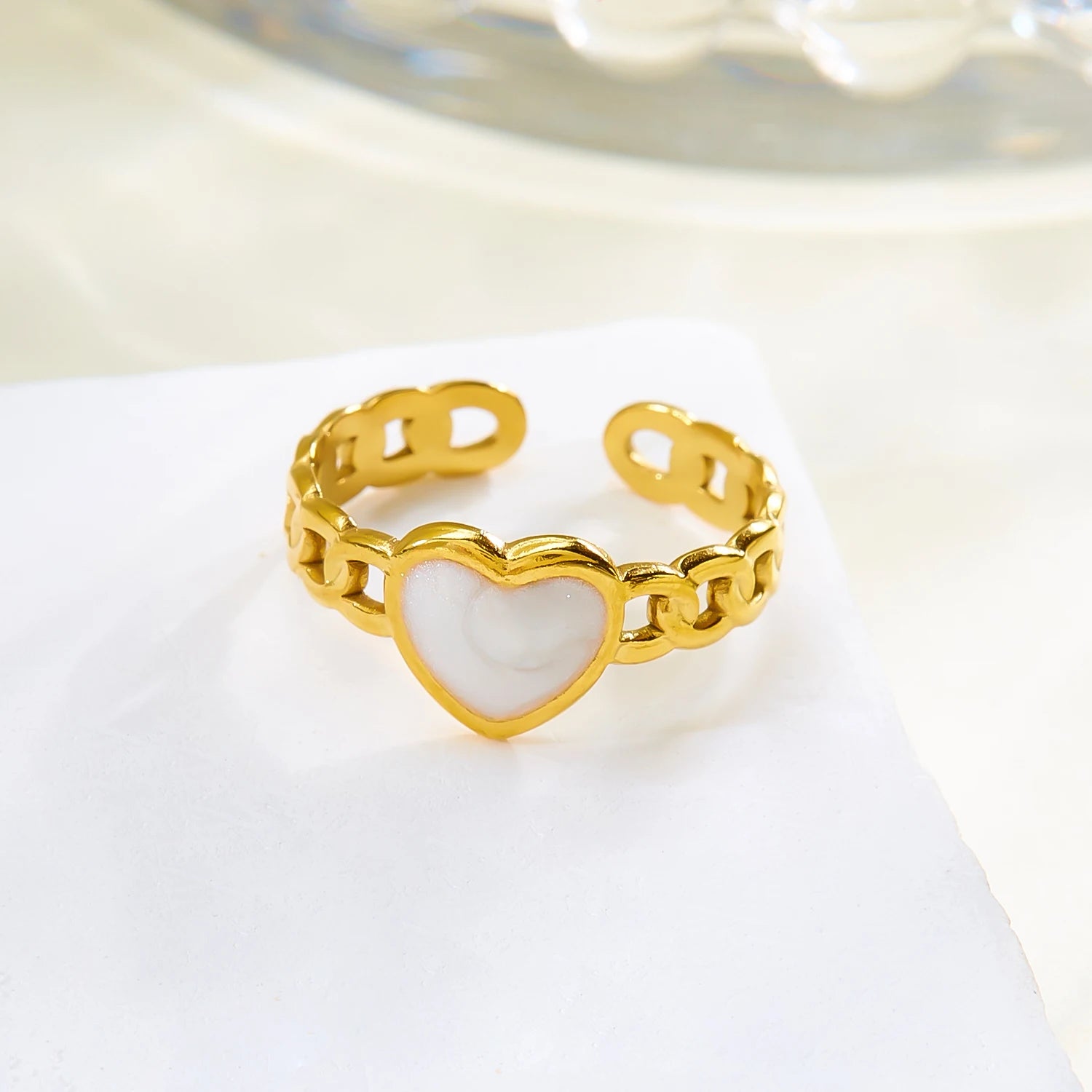 Bohemian Gold Color Enamel Open Rings For Women Stainless Steel Love Heart Shape Adjustable Finger Ring Luxury Charm Jewelry