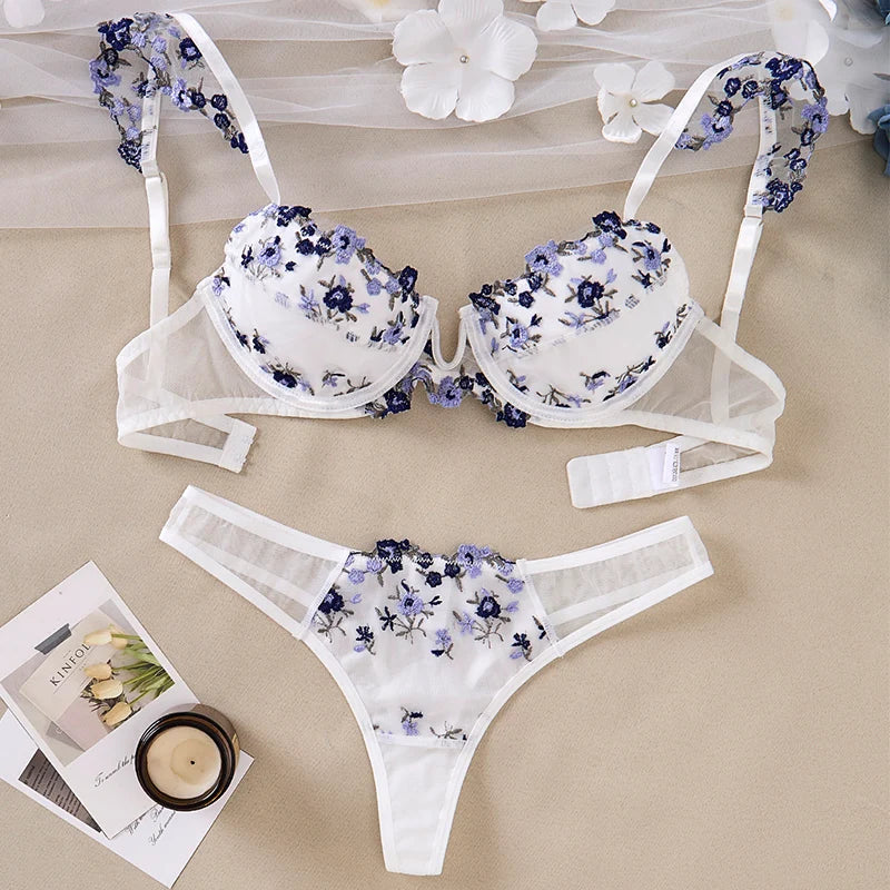Lingeries Sexy Set Floral Embroidery Push Up Lingerie See through Bra Sets 2pcs Lady Fancy Underwear Delicate Intimate Lingerie - Madeinsea©