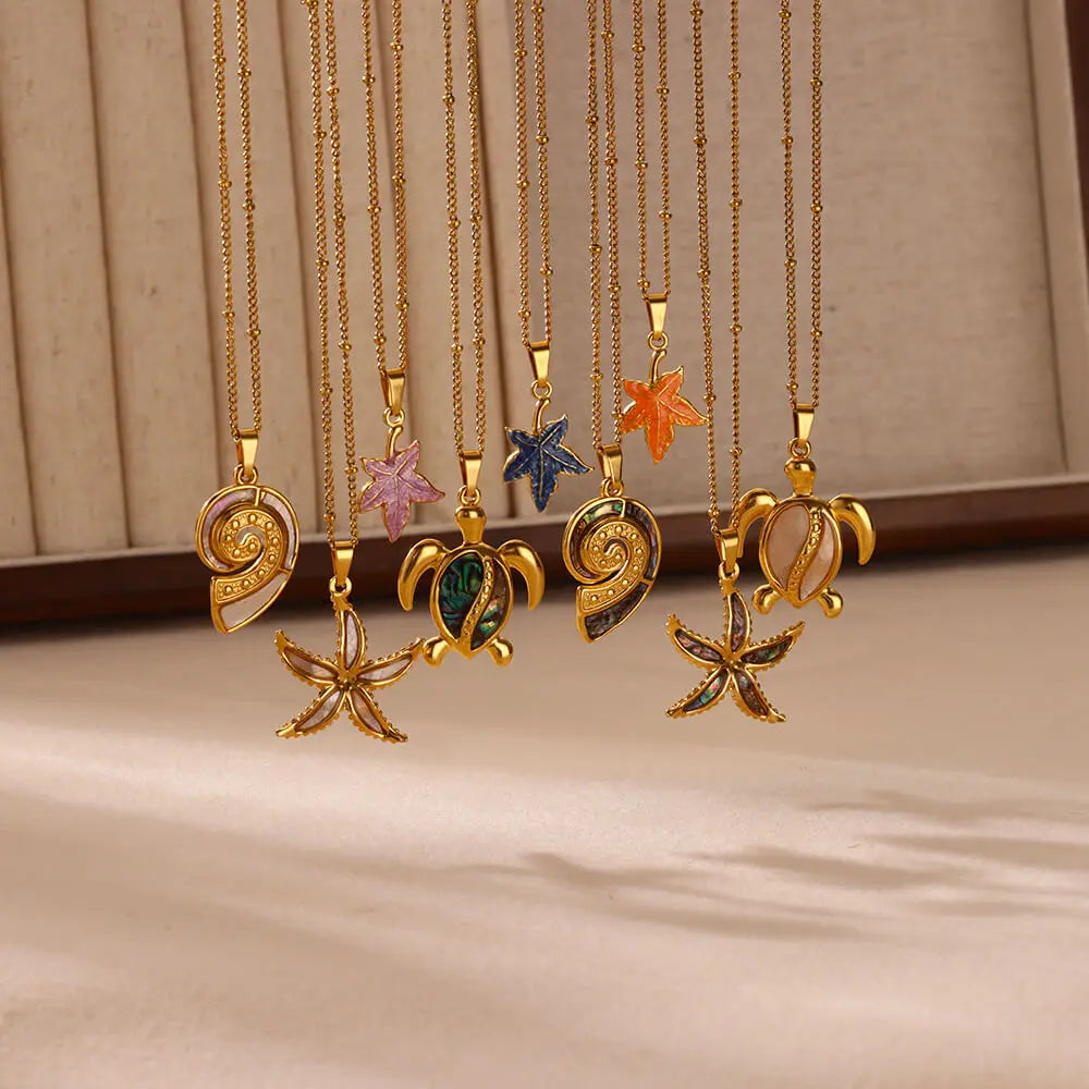 2024 Trendy Summer Ocean Series Jewelry Gold Color Starfish Turtle Conch Necklace For Women Waterproof Stainless Steel Jewelry ﻿