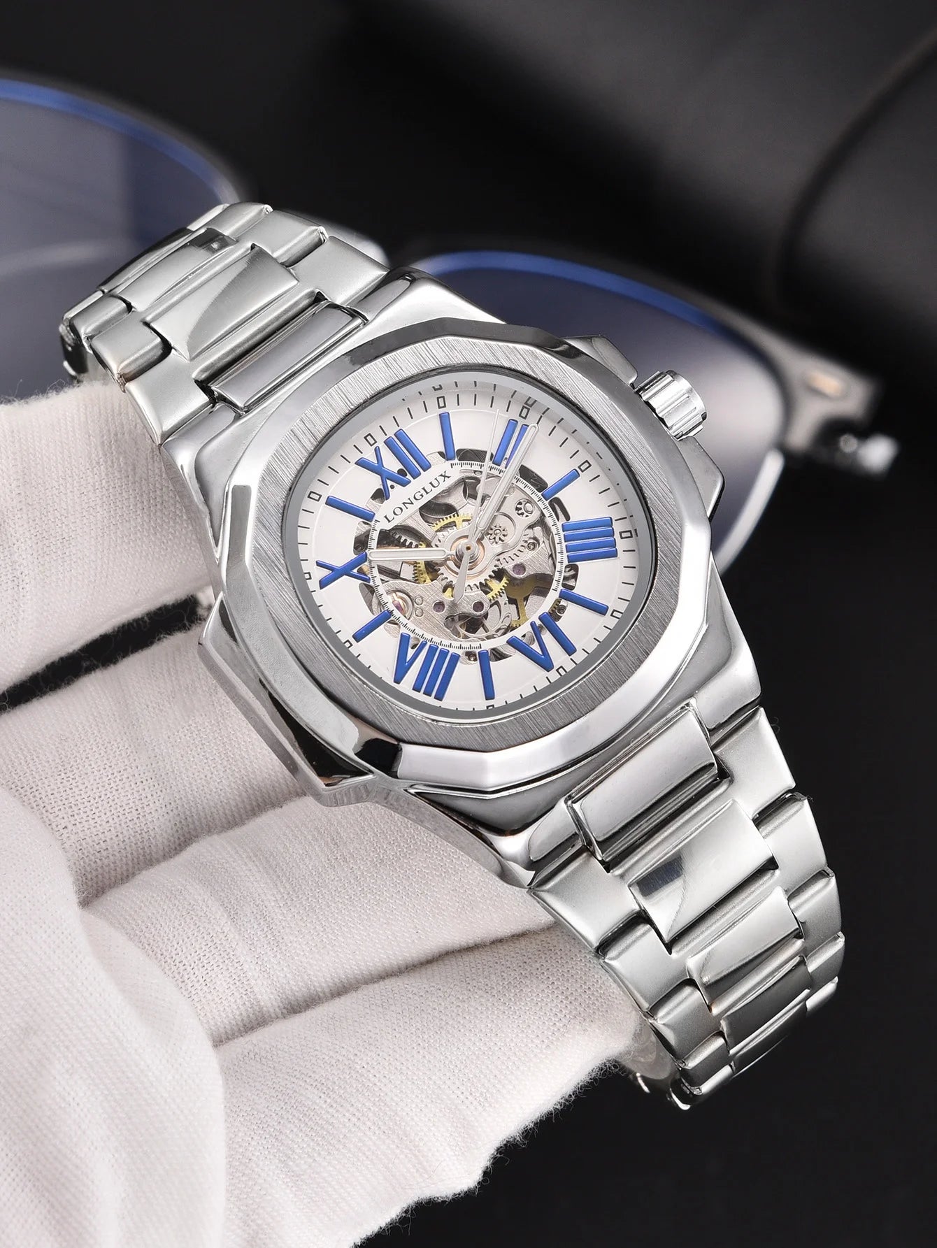 LONGLUX HOT SALE NEW automatic mechanical men watch rome business waterproof skeleton luminous stainless steel gift watch