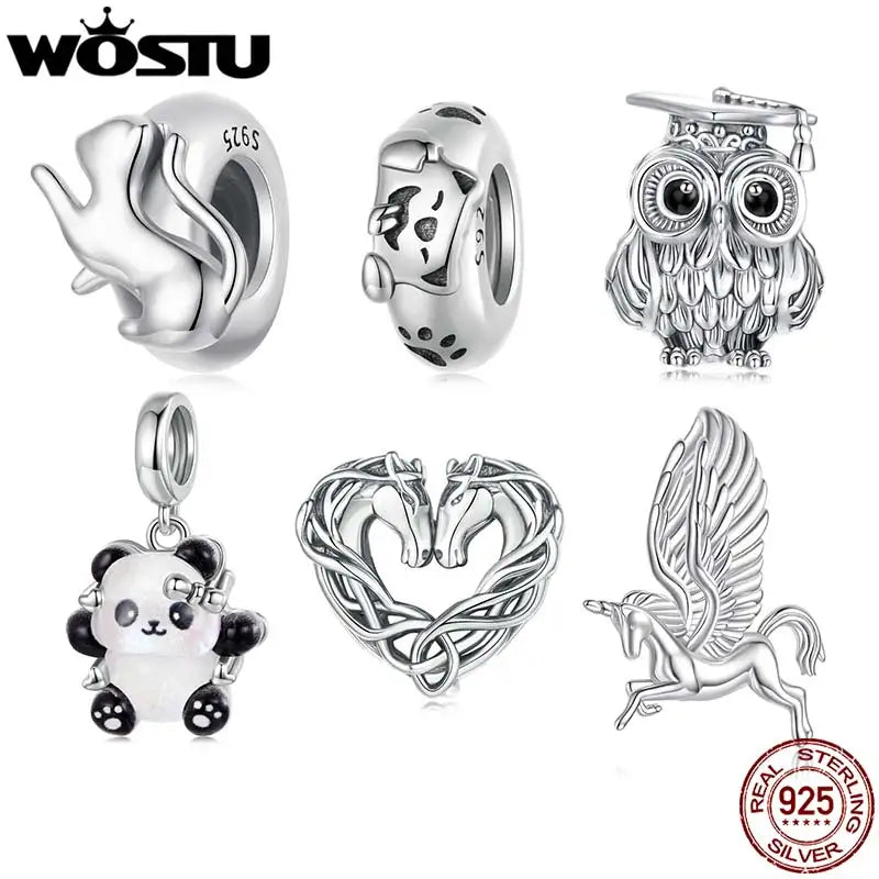 WOSTU 925 Sterling Silver Cat Silicone Space Beads , s925 Original Animal Horse Owl nicorn Charm for Bracelet DIY Jewelry Making