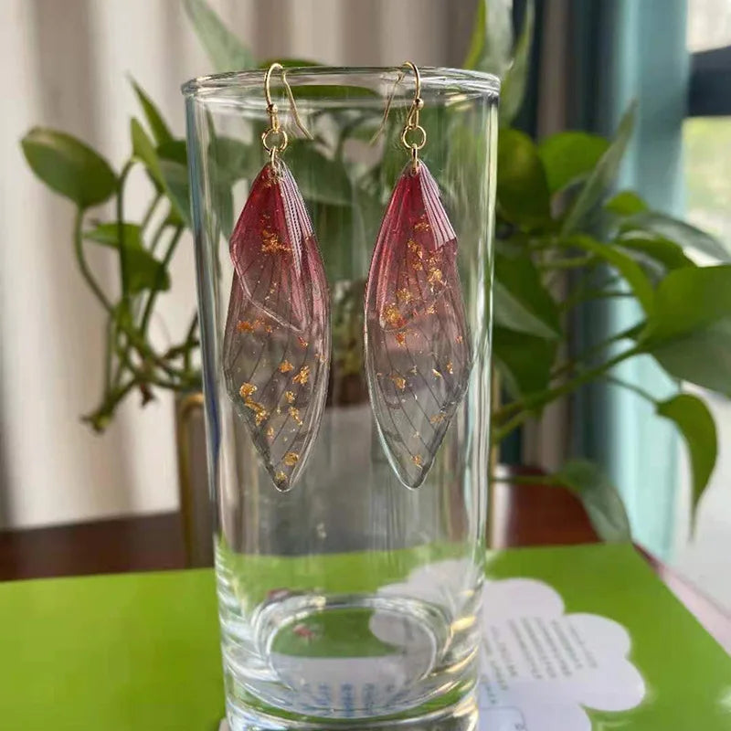 Minar Fairy Clear Gradient Resin Simulation Wings Butterfly Rhinestone Flake Long Dangle Earrings for Women Casual Party Jewelry