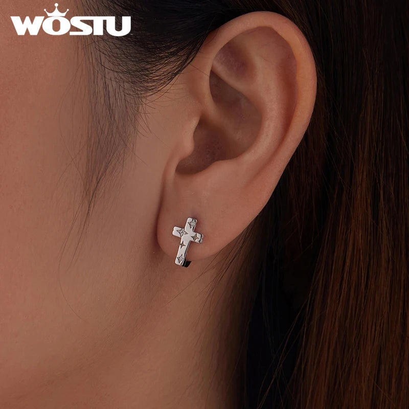 WOSTU 92 Sterling Silver Cross Huggies Earrings for Women, Minimalist Religious Jewelry Star Shiny Zircon Hoops Earring Gift