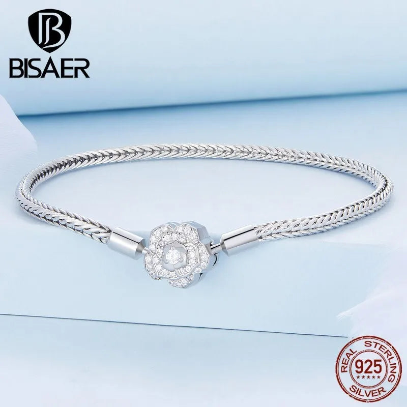 BISAER 925 Sterling Silver Rose Basic Bracelet Fox Tail Chain Plated White Gold For Bangle DIY Charm Bead Original Fine Jewelry