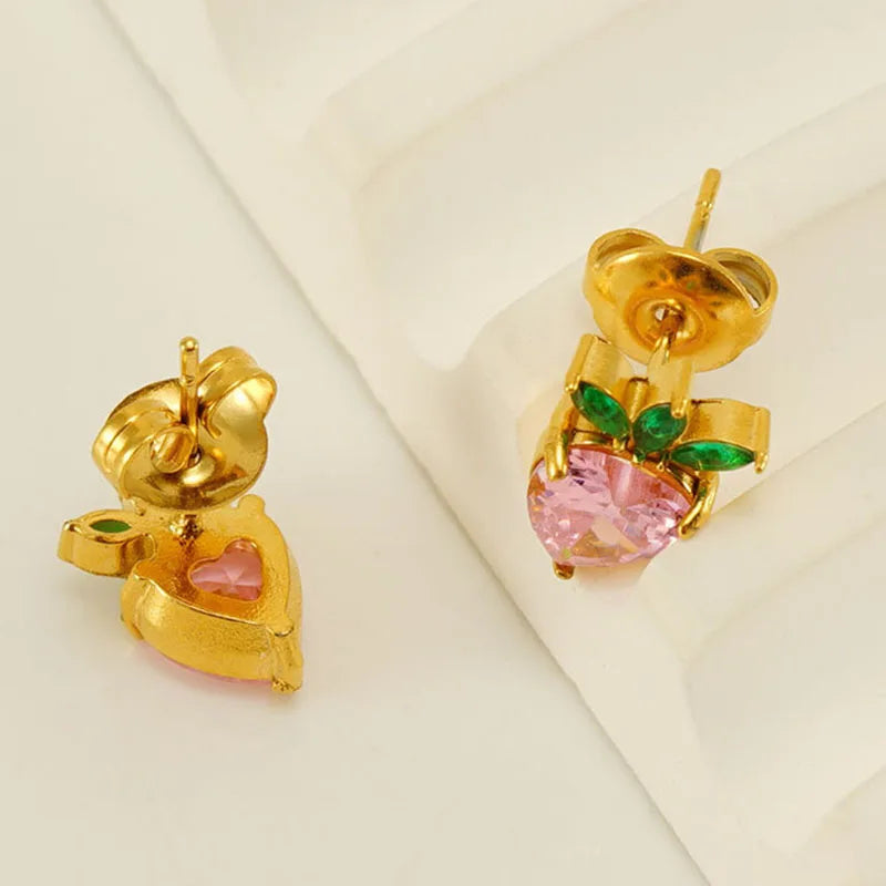 INS Sommer 18K Gold Farbe Edelstahl Rosa Zirkonia Obst Ohrstecker Wasserdicht Niedlich Post Ohrring Schmuck Geschenk