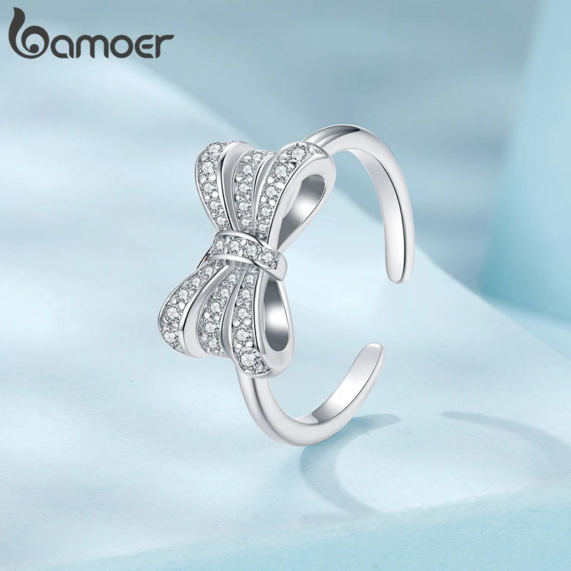 BAMOER White Gold Plated Bowknot Ring with Zircon, Adjustable Statement Ring for Women Unique Bow Design Jewelry YIR249-E