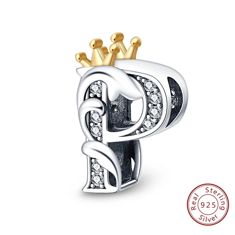 925 Sterling Silver 26 Alphabet A-Z Crown Letters Charms Bead Fit Original Bracelet Fine DIY Charm For Woman Anniversary Jewelry