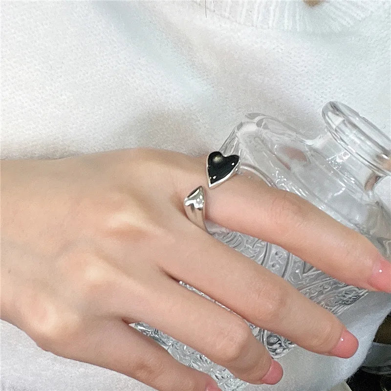 925 Sterling Silver Unique Ring For Women Jewelry Finger Adjustable Vintage Black Heart Ring For Party Birthday Gift