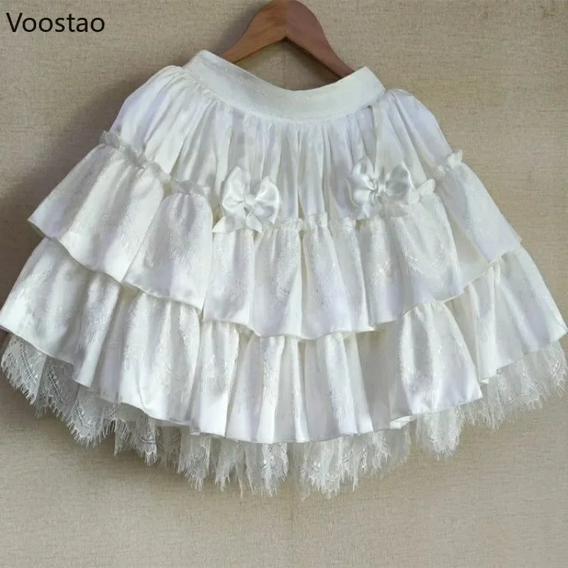 Women Y2k Sweet Lolita Skirts Fairy Grunge Black White Bow Lace Pleated Cake Mini Skirts Harajuku Japanese Gothic Party Skirts