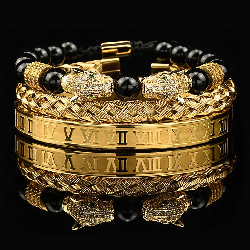 Luxury Black Stone Beads Leopard Head Man Bracelet Enamel Stainless Steel Roman Bangles Women Jewelry Set
