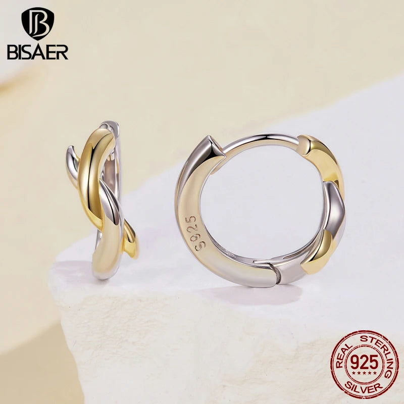BISAER Real 925 Sterling Silver Cross X Hoop Earrings Two-tones  Minimalist Earrings 14K Gold Plated for OL Women Fine Jewelry