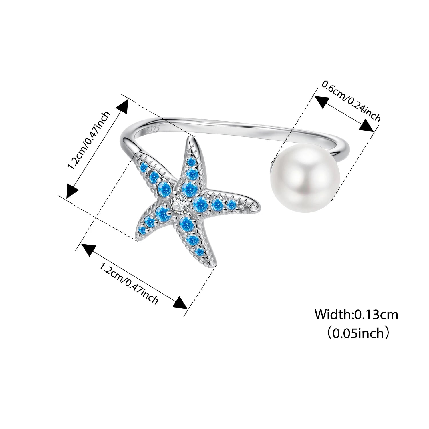 BISAER 925 Sterling Silver Ocean Animal Open Ring Starfish Pearl Conch Turtle Pearl Band for Women Party Jewelry Holiday Gift