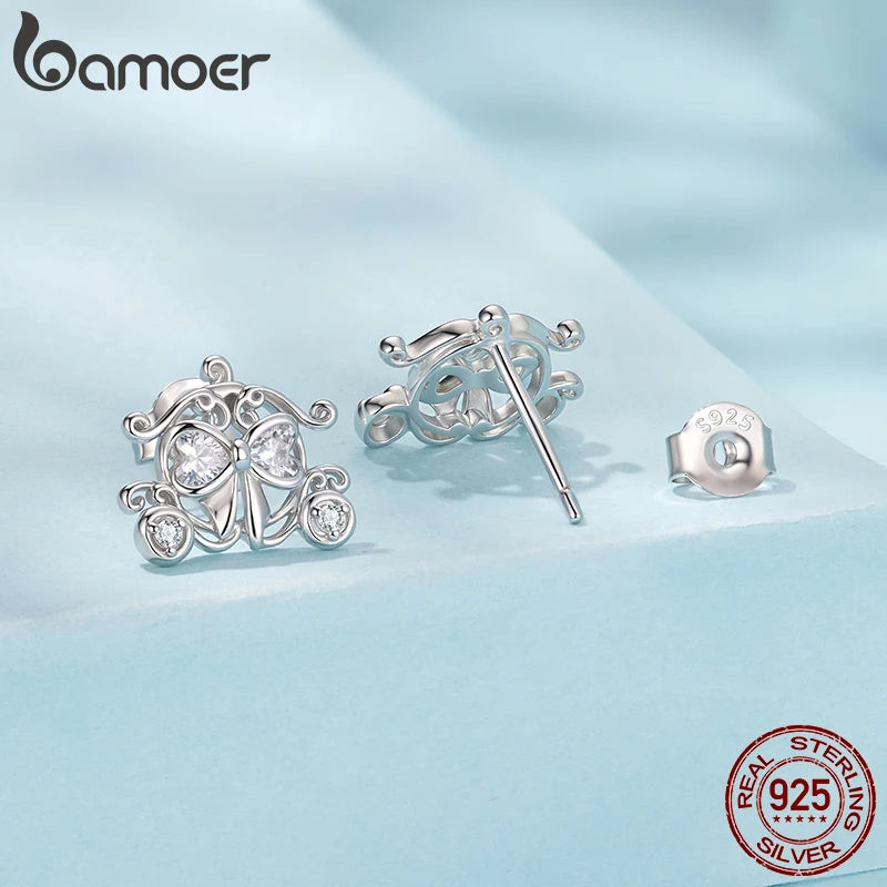 BAMOER Pumpkin Car Stud Earrings Fairytale Bowknot Earrings 925 Sterling Silver for Women Young Girl Hypoallergenic Jewelry Gift