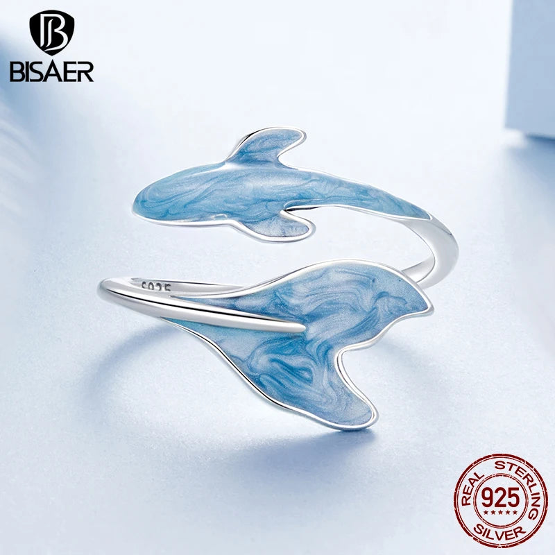 BISAER 925 Sterling Silver Guppy Open Ring Fish Blue Enamel Band Plated White Gold for Women Party Fine Jewelry Holiday Gift