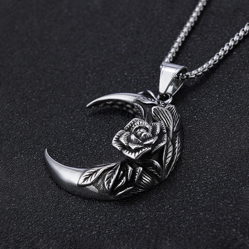 Punk Vintage 316L Stainless Steel Moon And Night Pendant With Rose For Men Women Biker Fashion Creative Jewelry Gifts Wholesale