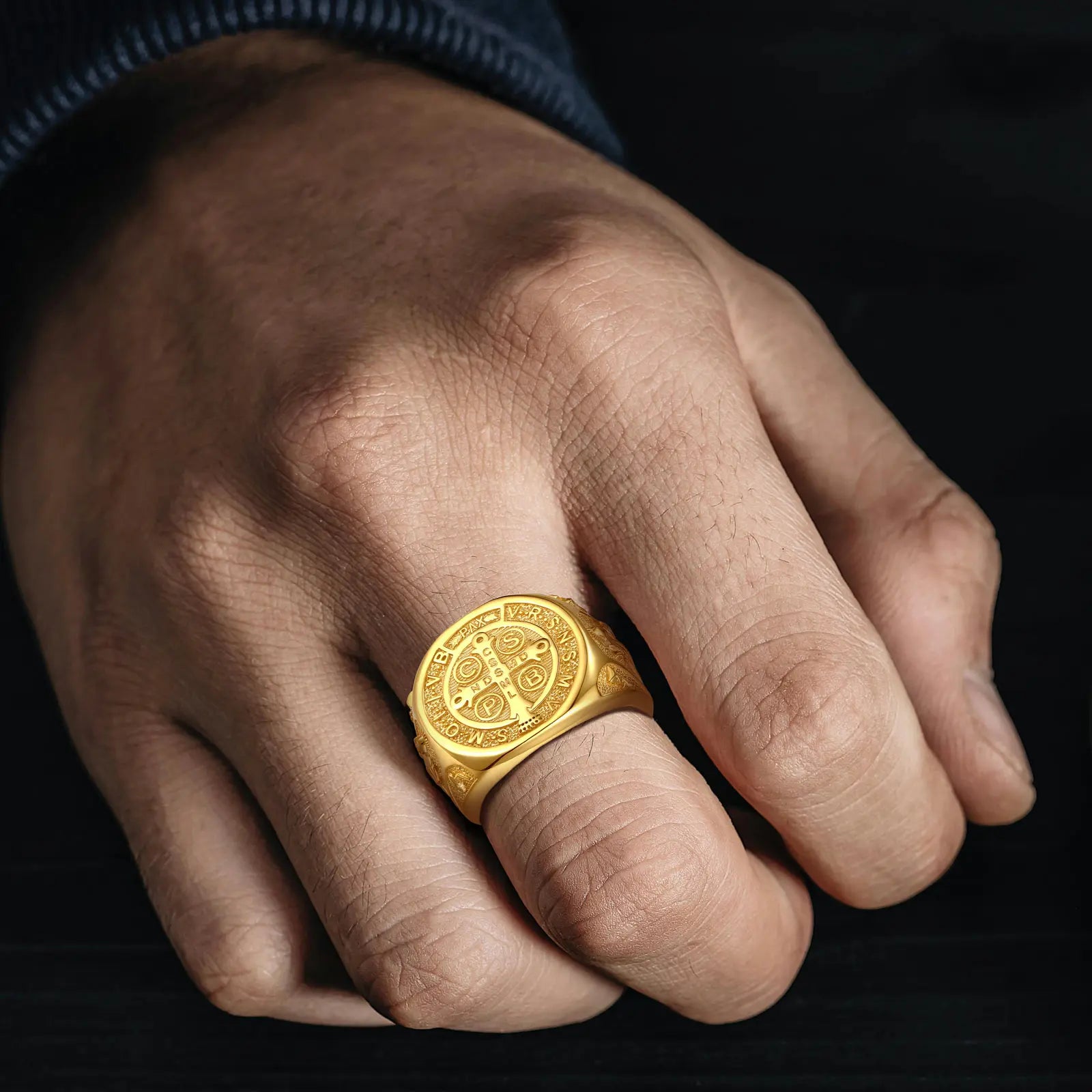 Eudora 925 Sterling Silver Saint Benedict Medal Adjustable Ring 18K Gold San Benedict Cross Amulet Ring Religious Jewelry Gift