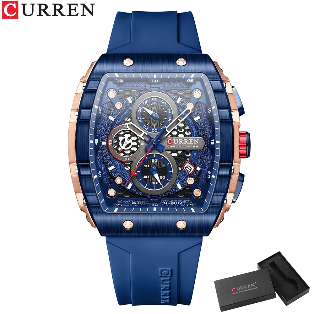 CURREN Fashion Sports Watches with Large Dial Unique RectangularHollow Design Quartz Wristwatches with Chrongraph Auto Date 8442