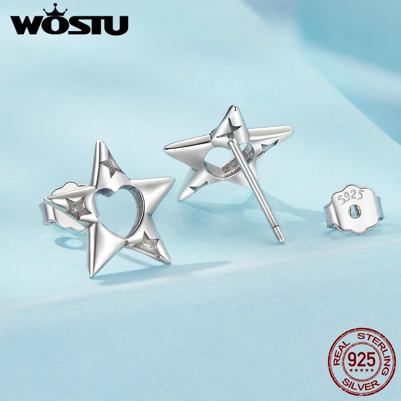 WOSTU 925 Sterling Silver Star Stud Earrings for women Heart Arrow Ear Studs Simple Jewelry Lovely Gift