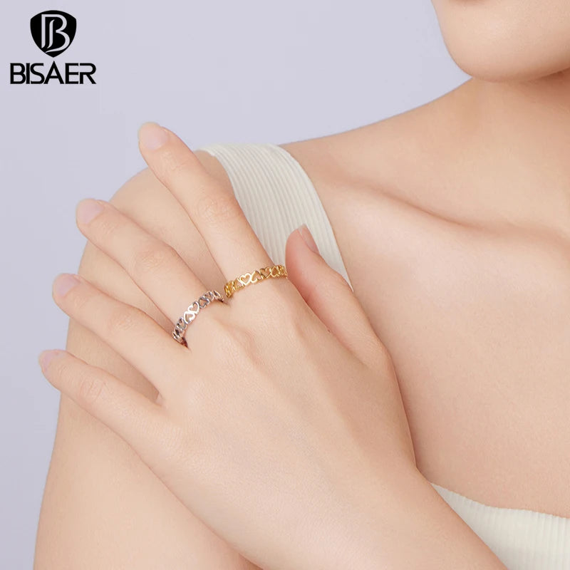 BISAER 925 Sterling Silver Hollow Heart Open Ring Eternal Love Band Adjustable Size 5-9 Plated Gold for Women Party Fine Jewelry