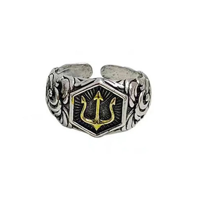 Retro Poseidon Golden Trident Ring For Men Punk Gothic Rock Hiphop Open Ring Handmade Unisex Jewelry Bikers Accessories Man Gift