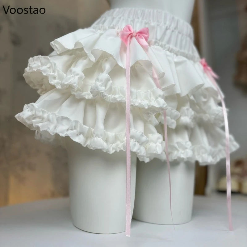 Kawaii Lolita Style Kuchenrock Japanische Mode Damen Süß Rosa Schleife Rüschen Party Minirock Ballett Mädchen Niedlich Y2k Faldas Mujer