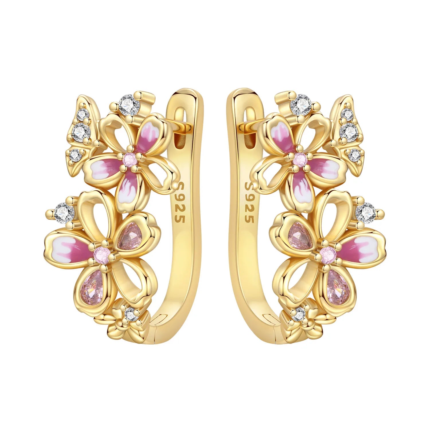 PANPOKI S925 Sterling Silver Golden Cherry Blossom Butterfly Earrings Hoop Earrings For Women Jewelry Original Party Gifts