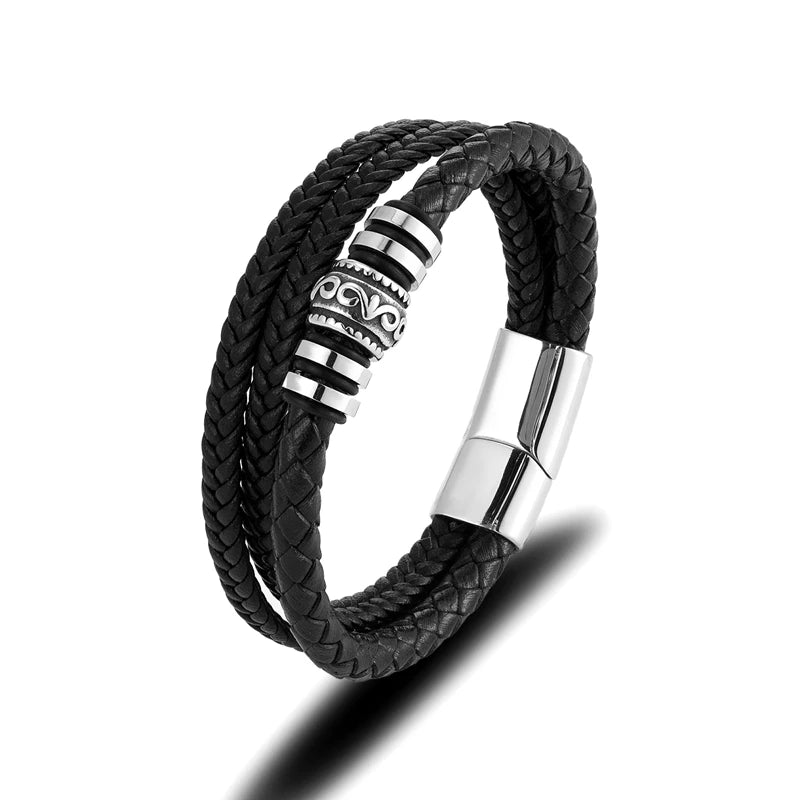 MKENDN Punk Men Multilayer Woven Genuine Leather Bracelet Black Stainless Steel Rune Magnetic Buckle Bracelet Homme Pulseras