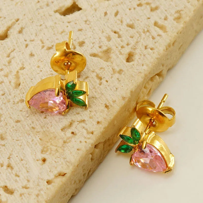 INS Sommer 18K Gold Farbe Edelstahl Rosa Zirkonia Obst Ohrstecker Wasserdicht Niedlich Post Ohrring Schmuck Geschenk